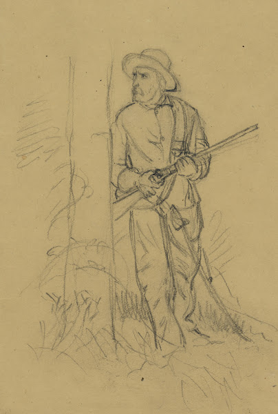 Man with rifle peering around tree 1860 1865