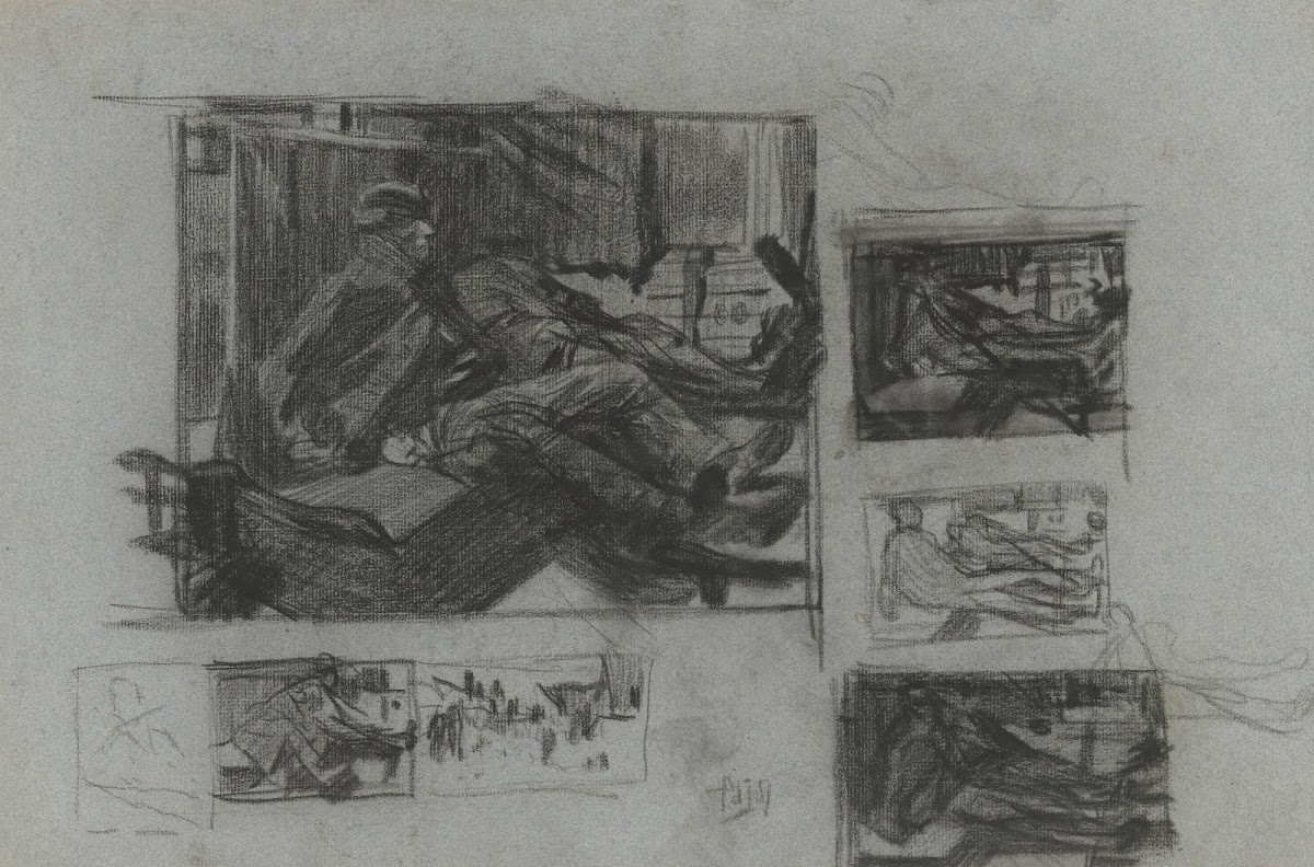 Studieblad met schetsen van treincoupé met slapende mannen 19th century