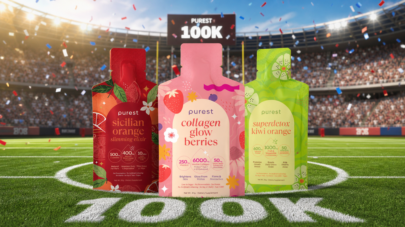 Purest sachets on the pitch under the 100K scoreboard