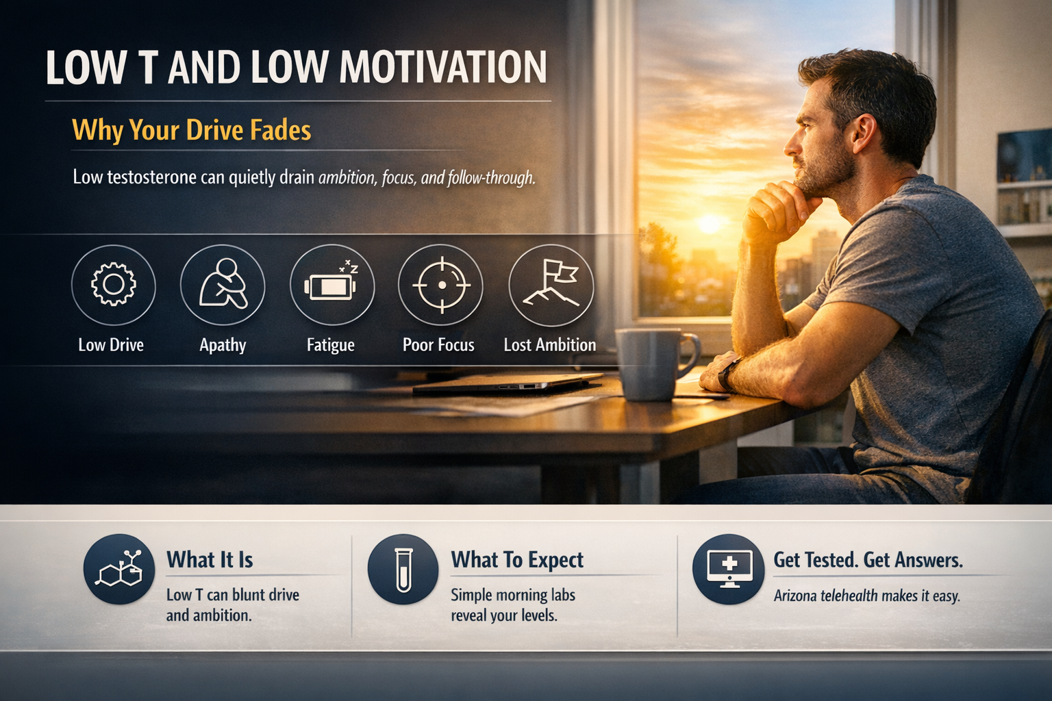 Low Testosterone and Low Motivation: Why Your Drive Is Gone — AZTRT Arizona TRT clinic blog cover showing a man at his desk at sunrise with a low-T motivation symptoms infographic