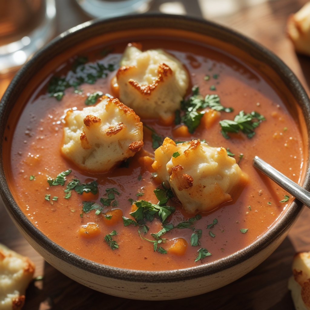 Creamy Tomato Soup with Cheddar Bay Dumplings Recipe – Easy Comfort Food finished