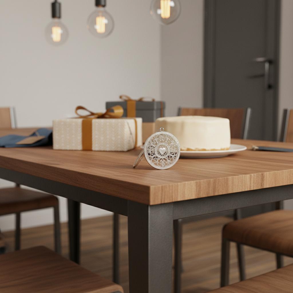 Nahaufnahme eines minimalistisch dekorierten Esstisches mit Geschenken, kleiner Vanilletorte und graviertem Metallanhänger – intime Silberhochzeit-Atmosphäre