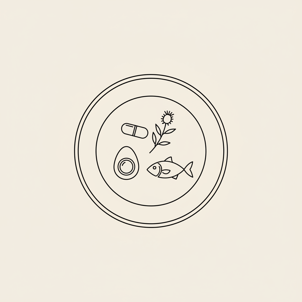 Minimalist line illustration of a plate with an egg, fish, milk thistle sprig and capsule on a beige background for 3 week metabolism diet
