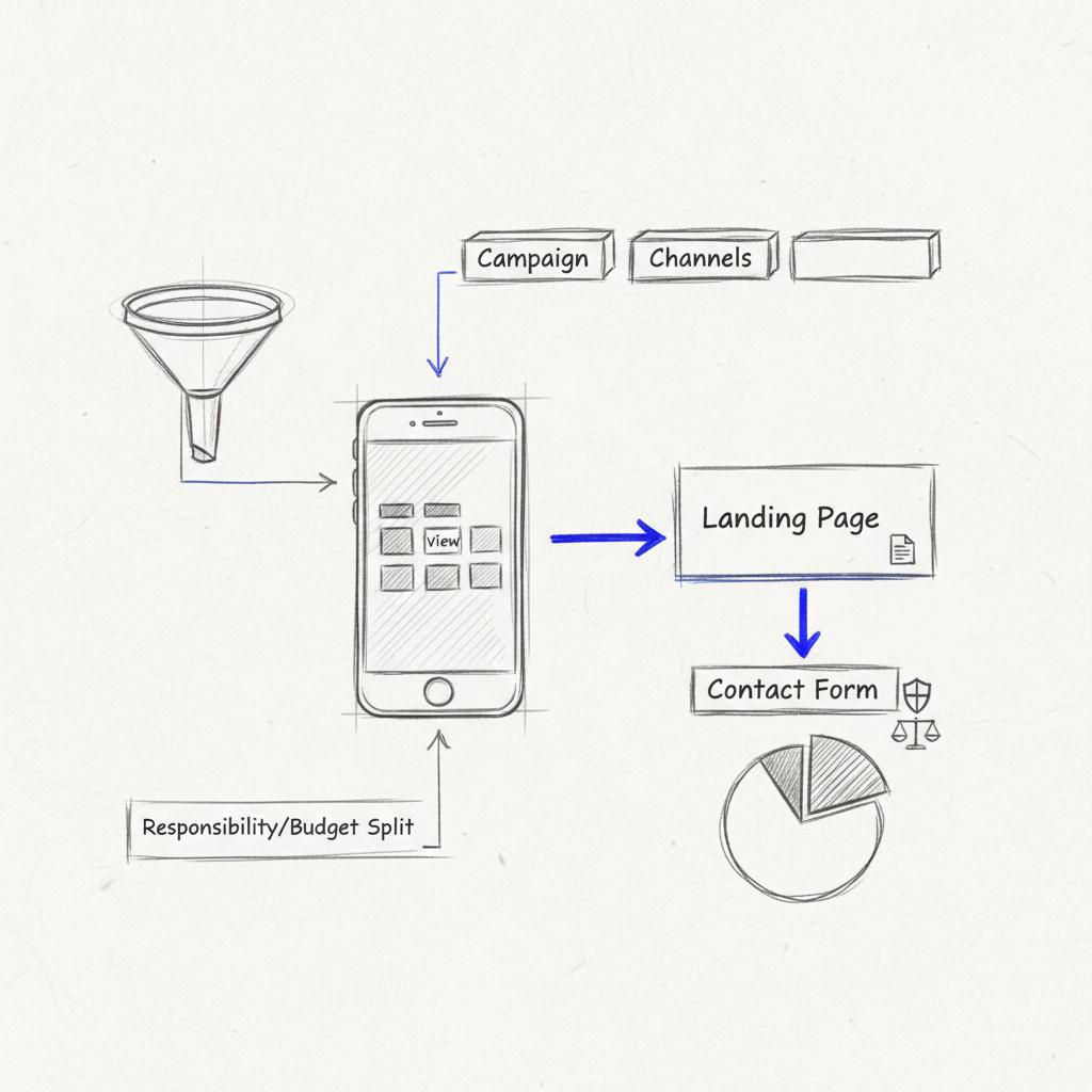Close-up notebook sketch of smartphone UI flow and legal icons mapping view to landing page to contact form &mdash; can lawyers advertise on TikTok