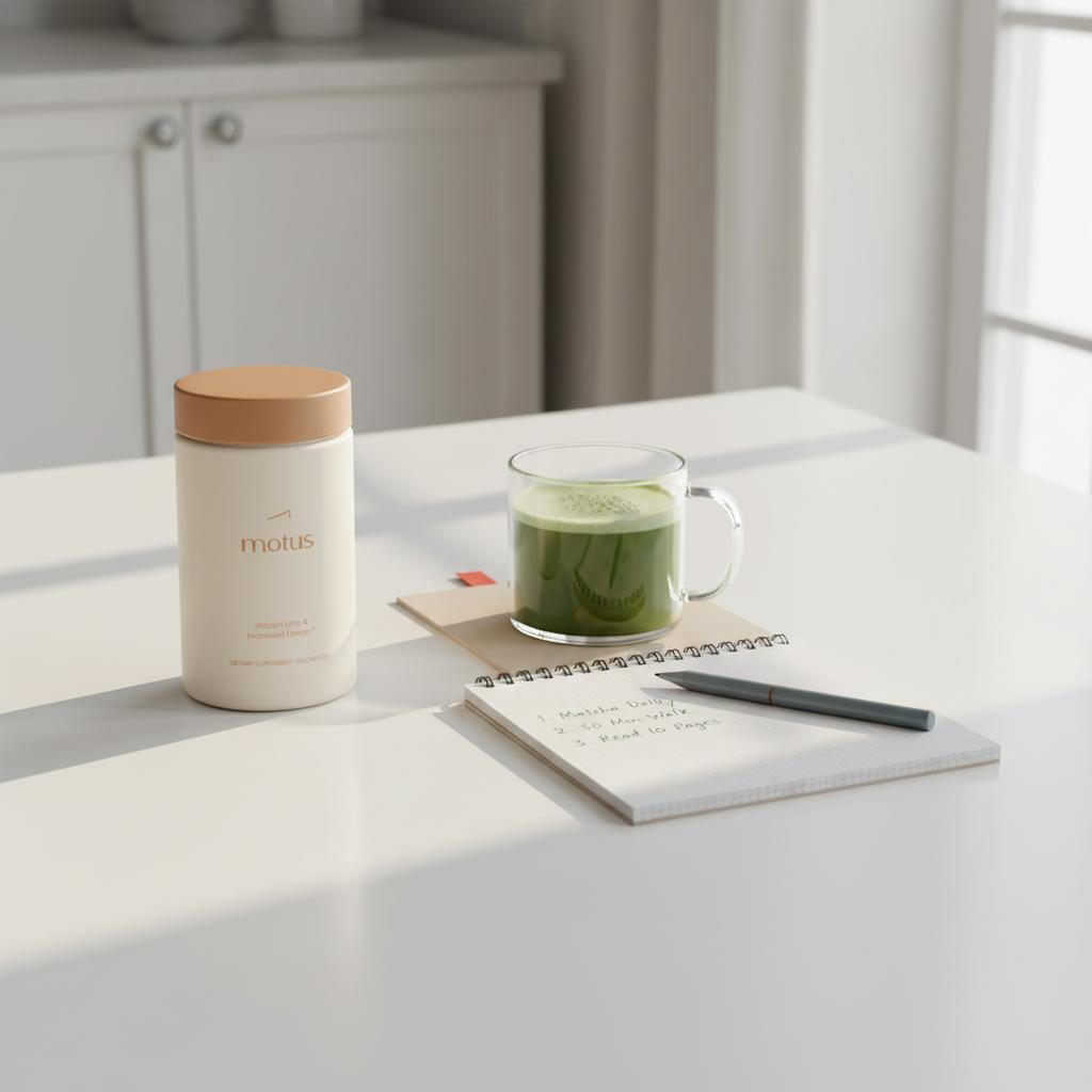 Tonum Motus supplement jar beside a glass mug of matcha and a notepad with a short habit plan on a beige placemat, minimalist morning routine for green tea belly fat