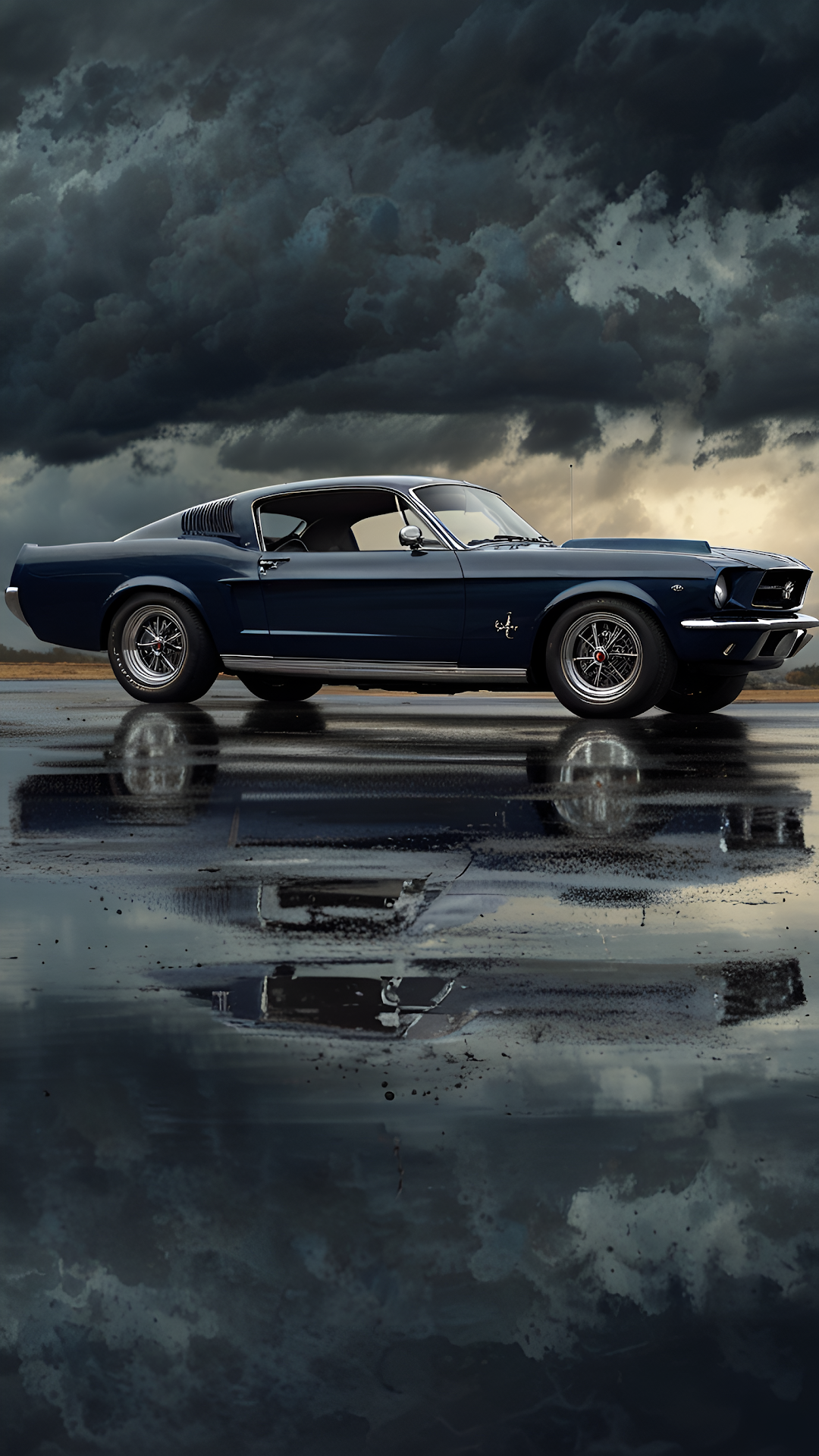 Vintage Dark Blue Mustang Fastback under Stormy Sky - Free 4K mobile Wallpaper