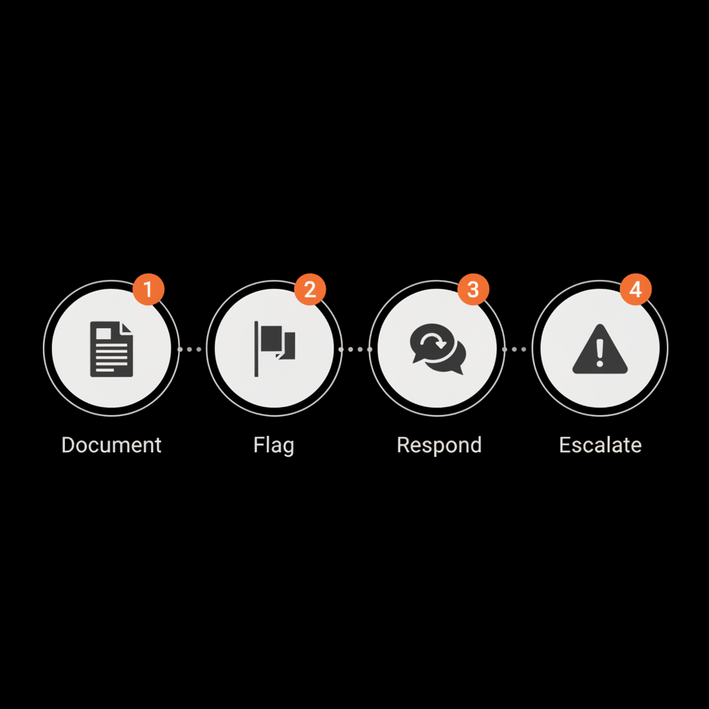 Minimal vector infographic checklist to remove old Google review: four steps Document, Flag, Respond, Escalate in Social Success Hub brand colors on a black background.