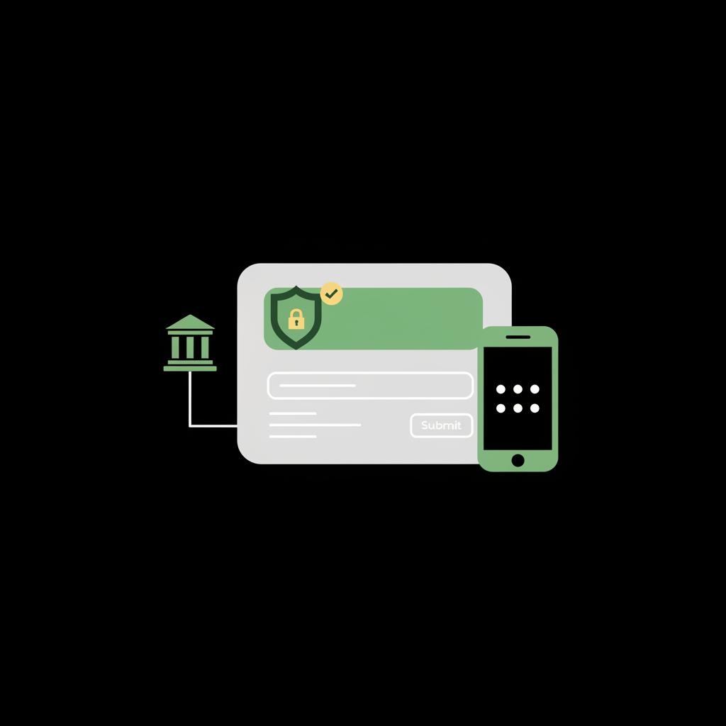 Minimal 2D vector secure login interface showing two factor authentication icons and a bank connection symbol in Finance Police colors for a cryptocurrency trading platform