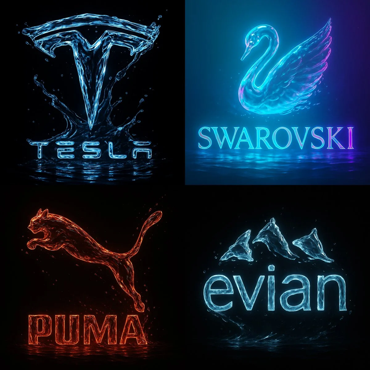 Logotipo de la marca Flowing Crystal Water - Render cinematográfico 8K