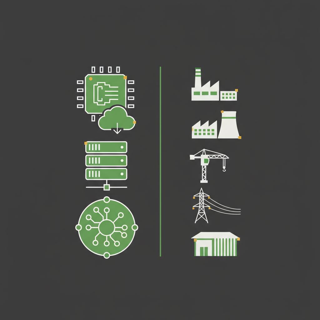 Minimal flat 2D vector showing left large cap tech icons and right smaller infrastructure silhouettes illustrating a blockchain stock fund tilt in Finance Police brand colors