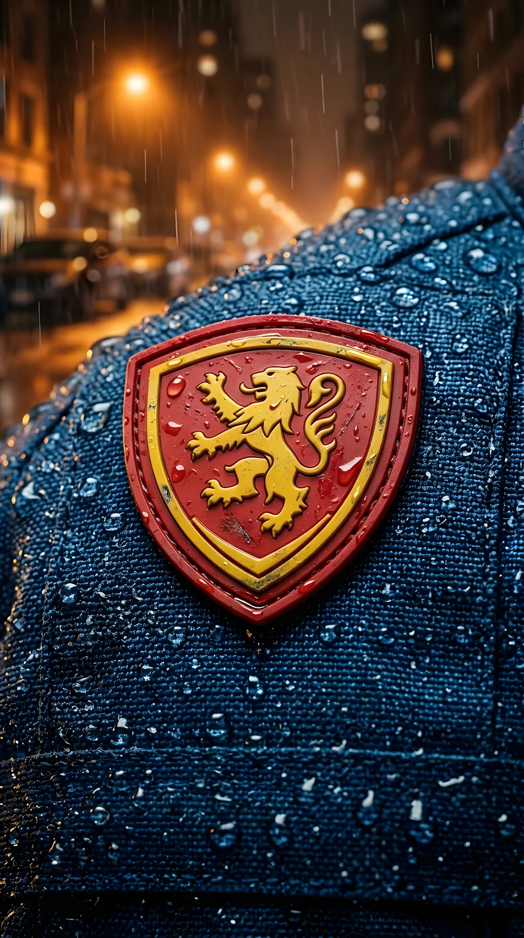 Macro Detail of a Superhero Chest Emblem in the Rain - Free 4K mobile Wallpaper