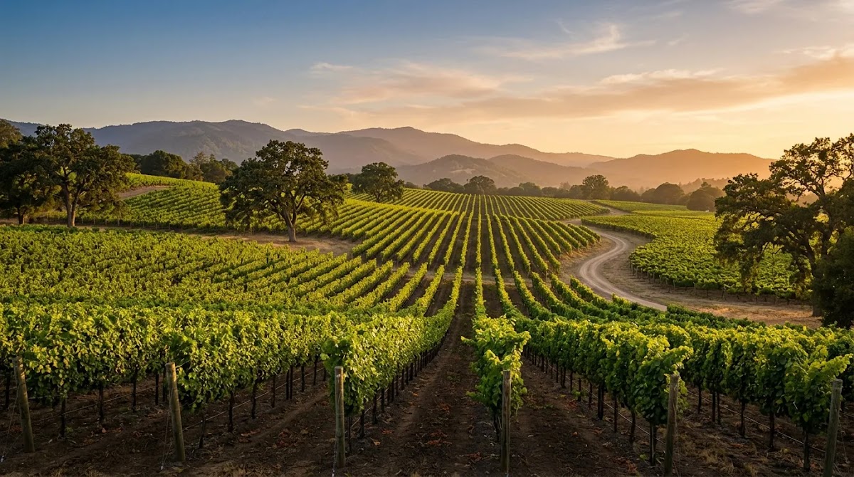 Napa Valley wine vineyard landscape at golden hour in California