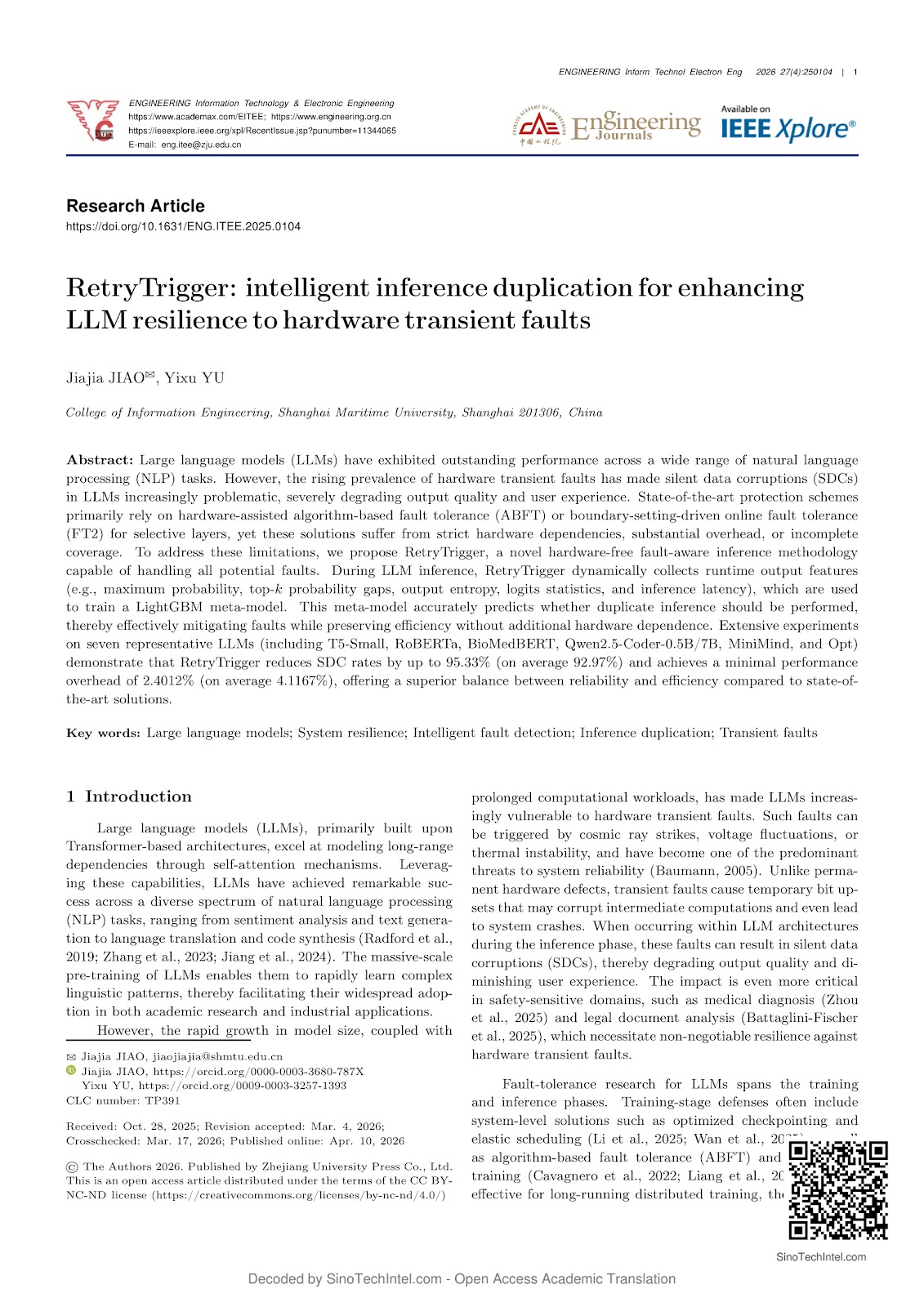 RetryTrigger: intelligent inference duplication for enhancing LLM resilience to hardware transient faults