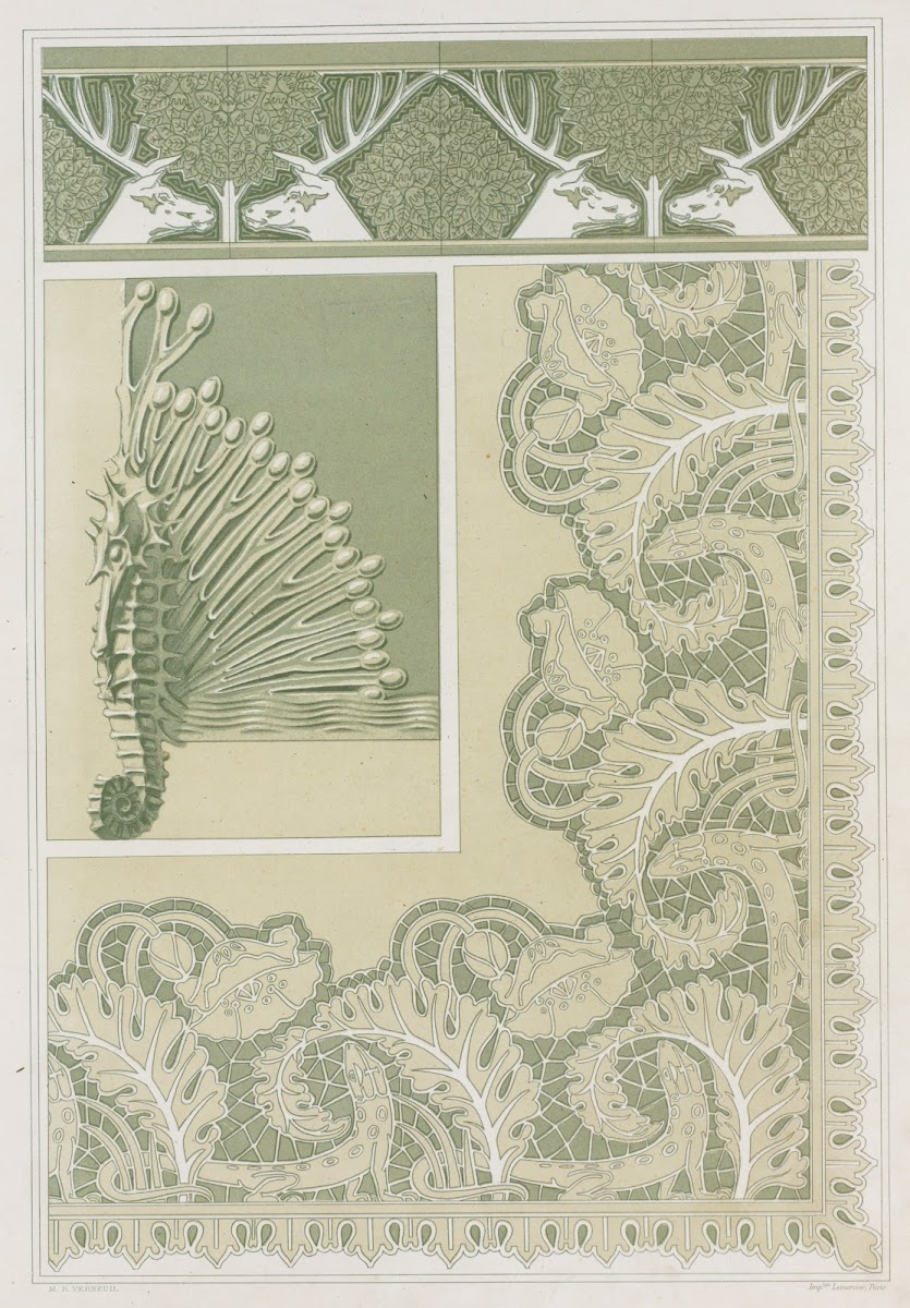 Cerfs et noisetiers bordure carreaux céramiques hippocampe et algues pied de cof