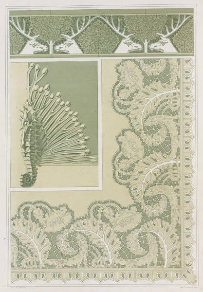 Cerfs et noisetiers bordure carreaux céramiques hippocampe et algues pied de cof