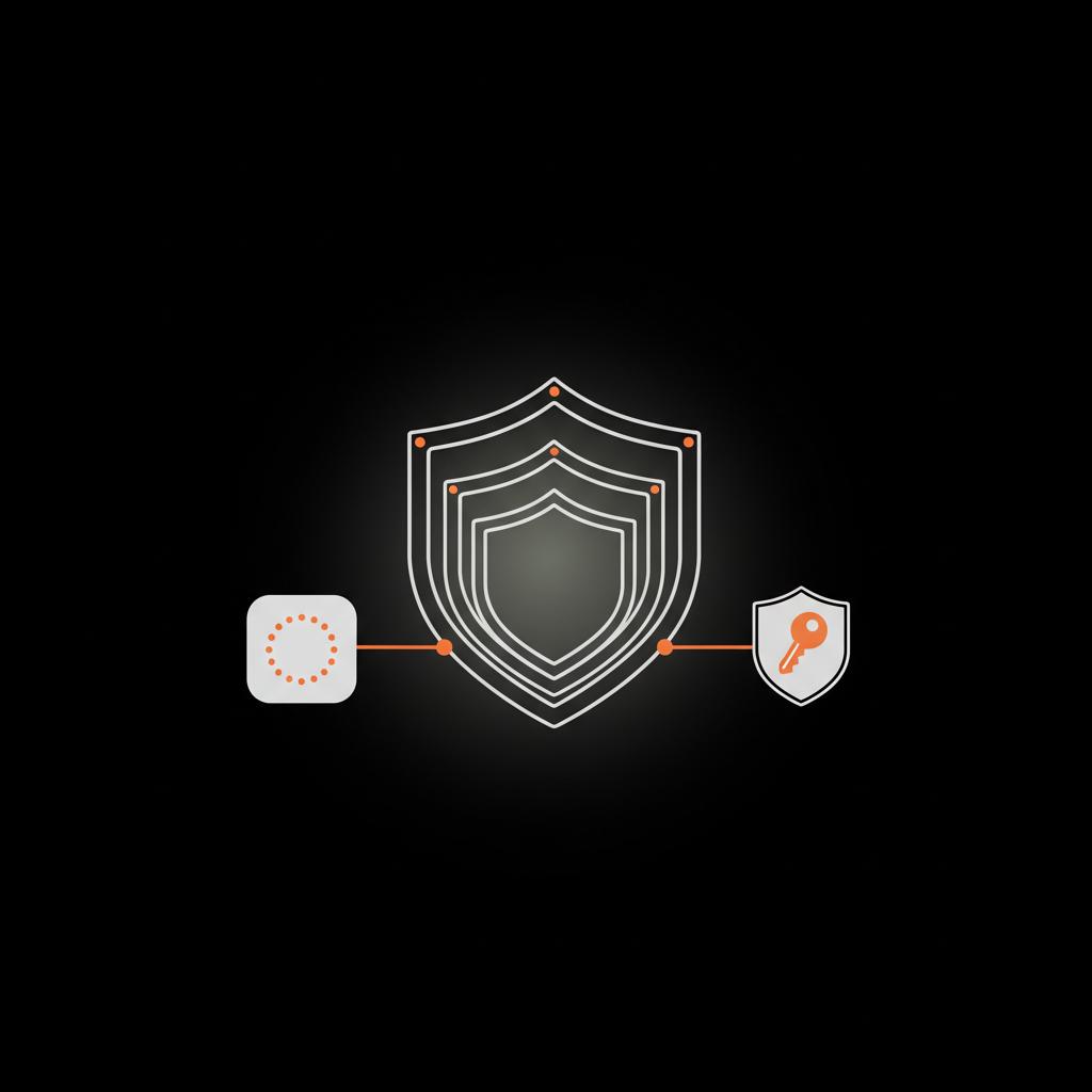 Minimal vector infographic showing layered security shields, an authenticator app icon, and a password manager symbol on black background for yahoo account recovery