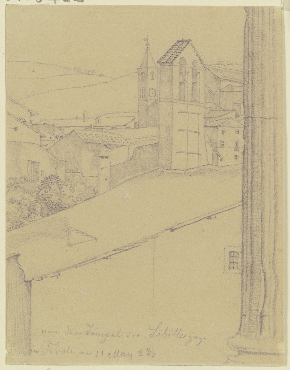 Ausblick vom Tempel der Sibylle über die Dächer von Tivoli 1823