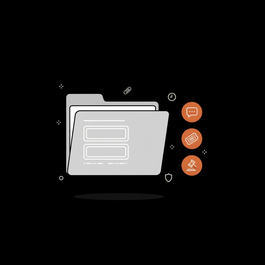 Minimal 2D vector infographic of a tidy evidence folder with screenshot placeholders and chat, ticket, appeal icons on a black background for Meta support