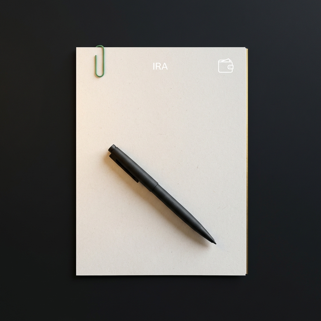 Minimalist close up of an IRA document with a small digital wallet icon and pen on dark background for best crypto roth ira
