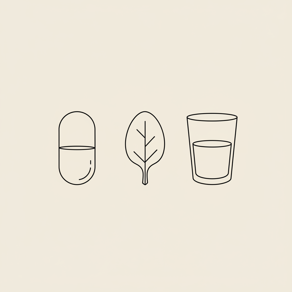 Minimalist line illustration of a capsule, spinach leaf and glass of water on beige background related to does magnesium cause weight loss