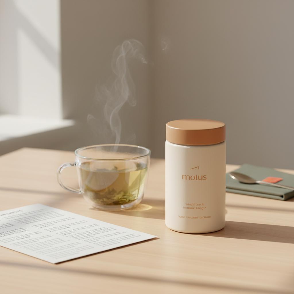 Motus supplement on a wooden table with open ingredient sheet and brewed green tea cup, minimalist Tonum styling highlighting liver cleanse side effects