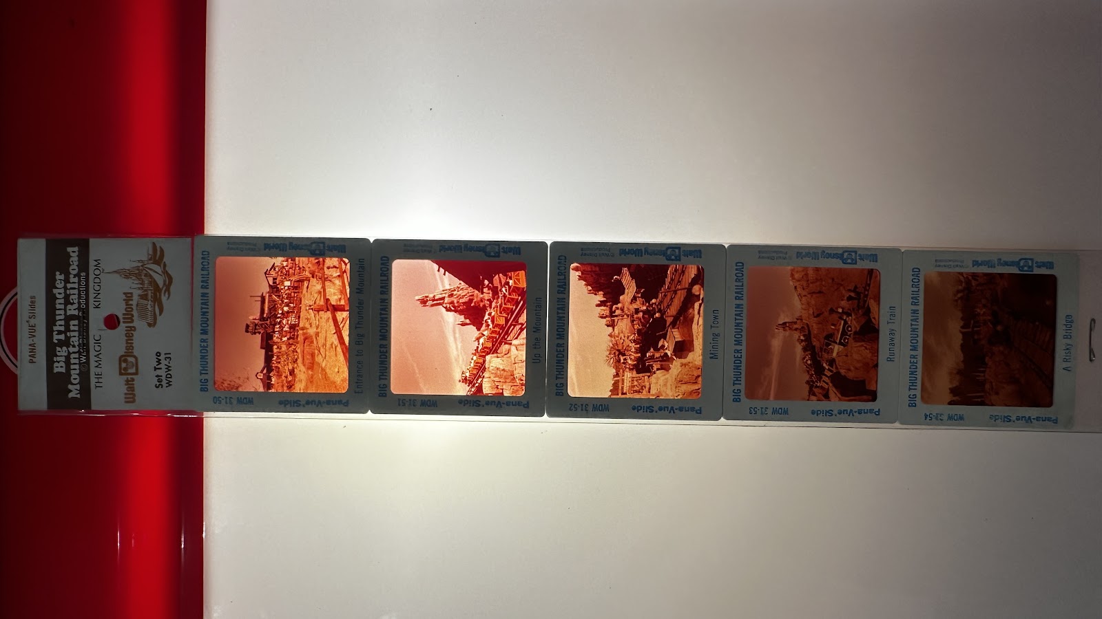GAF Pana-Vue 35mm slide set WDW-31 featuring Big Thunder Mountain Railroad at Walt Disney World, circa 1980–1982, showing five slides in original cardboard sleeve