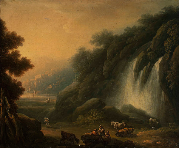 Mountain landscape with a waterfall and staffage