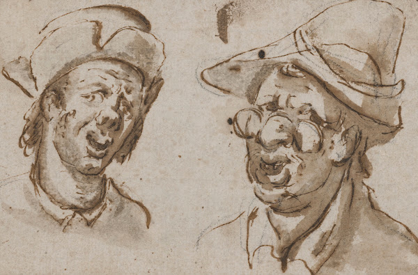 Studies of two male heads one bespectacled