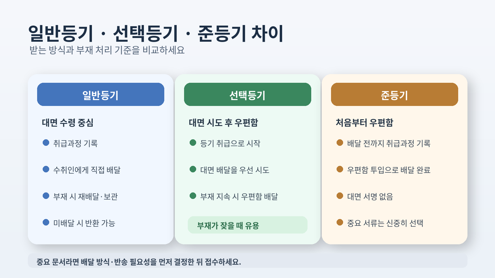 일반등기 선택등기
준등기의 배달방식과 부재 처리 차이를 비교한 정보 이미지