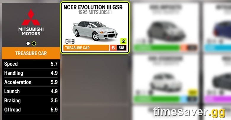 Forza Horizon 6 Mitsubishi Lancer Evolution III GSR treasure car showing its off-road stat spread