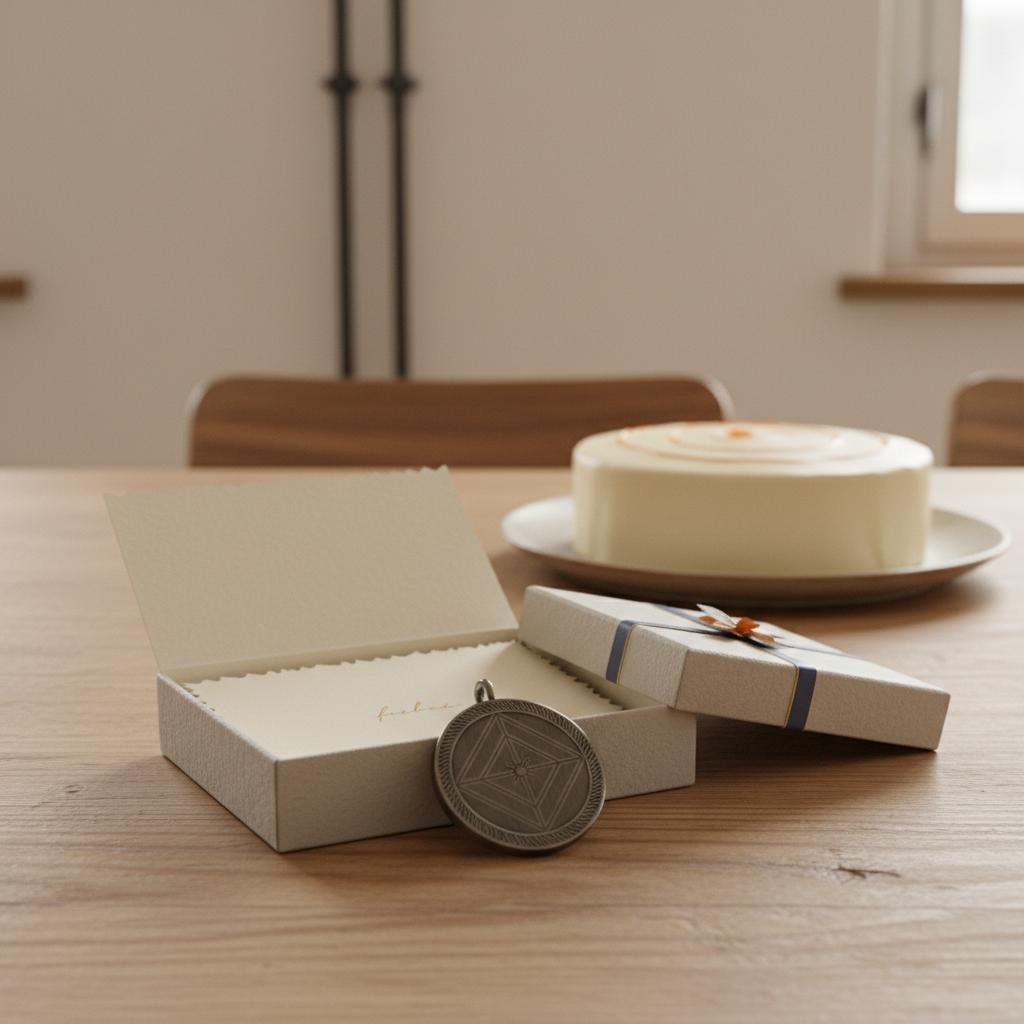 Detailaufnahme eines Esstisches mit Geschenkideen Konfirmation Patenkind: gravierter Metallanhänger, kleine Geschenkbox mit Karte und Vanillekuchen, warme Holz- und Metalldetails.