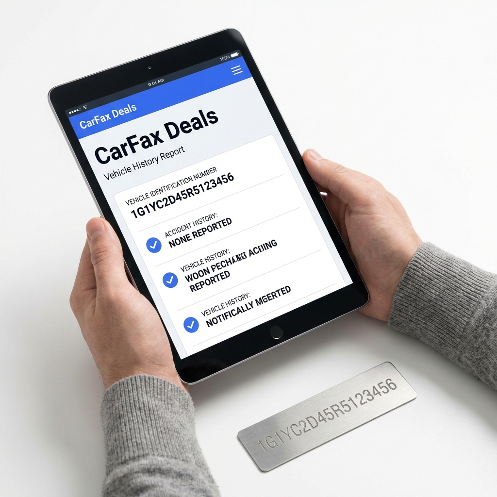 Close up of hands holding tablet showing vehicle history report and visible VIN plate for gmc car dealer near me on clean white background with blue accents