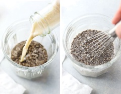Cho hạt chia vào bát, đổ sữa, tinh chất vani vào khuấy đều với hạt chia và để ngâm hạt chia ít nhất 2 tiếng hoặc qua đêm để hạt chia nở thành pudding.