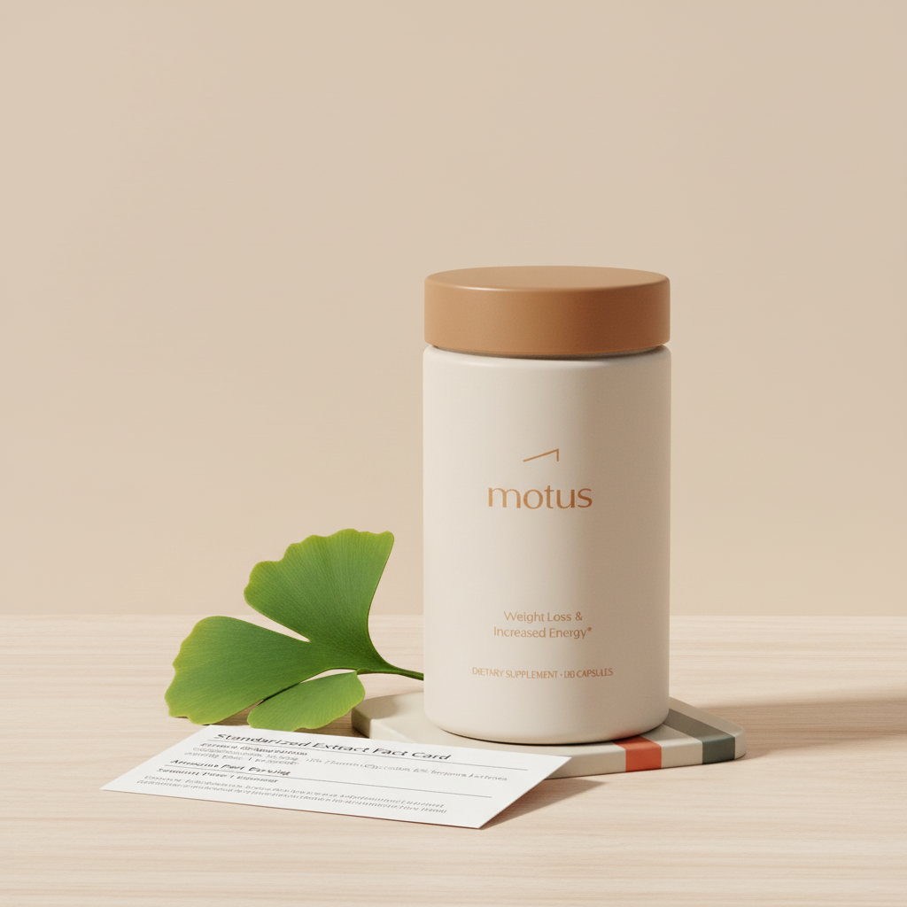 Is Ginkgo Biloba FDA approved? Close-up of Tonum supplement jar with ginkgo leaves and a partially visible standardized-extract fact card on a neutral wood surface, minimalist Tonum brand styling.