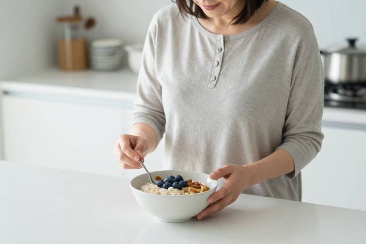オートミールを使ったヘルシーな朝食を作る日本人女性