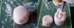 Chia bột thành 20 phần bằng nhau khoảng 35g. Vo tròn bột rồi dùng tay ấn dẹp phần vỏ bánh rồi cho nhân hạt dẻ vào và bọc kín lại. Bạn lăn bánh qua chút bột nếp khô rang chín rồi cho bánh vào khuôn bánh trung thu để tạo hình là xong rồi đó.
