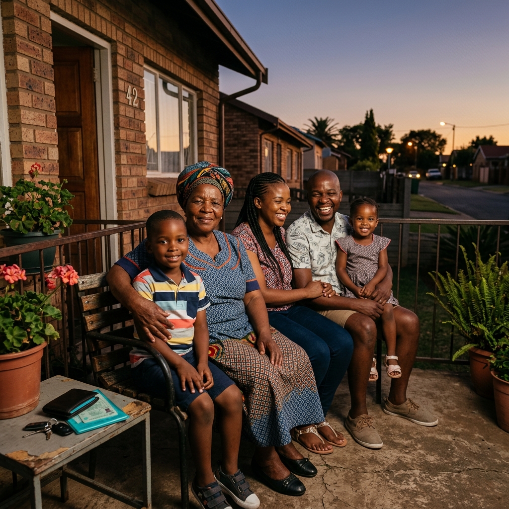 Multigenerational South African family on the front stoep at golden hour