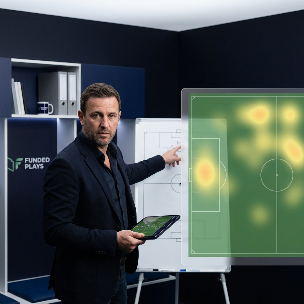 Close up of a manager giving tactical instructions with a semi transparent xG heatmap in Funded Plays palette background for benfica prediction