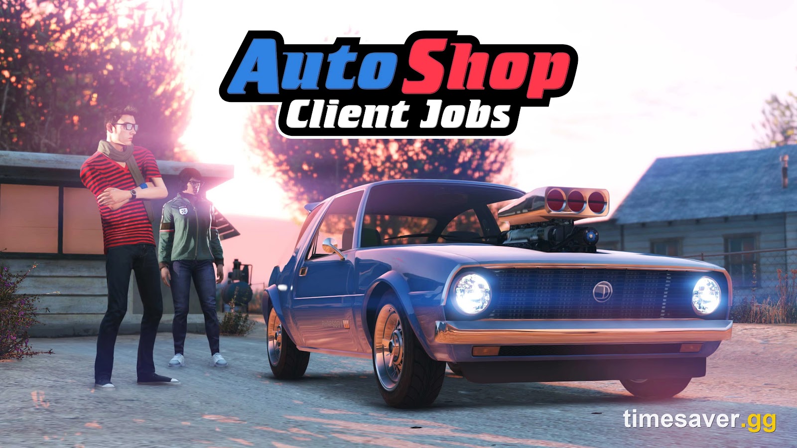 GTA Online Auto Shop Client Jobs artwork — a customized blue muscle car with an exposed supercharger delivered back to two waiting customers at sunset
