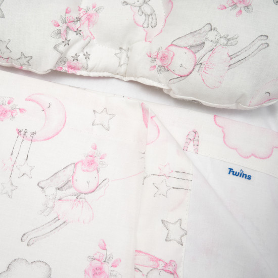 Набір в коляску Twins 100% бавовна (плед, подушка ортопедична, простирадло) Кролики рожевий