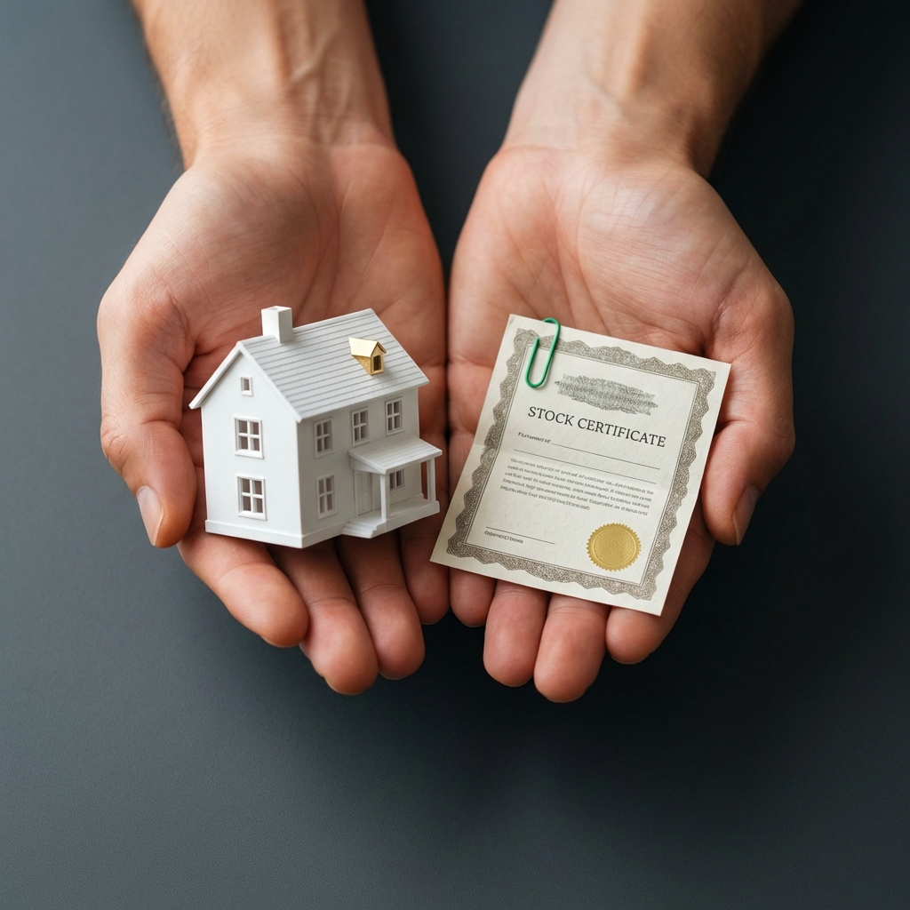 Close up of hands holding a small house model and a stock certificate illustrating how do i start investing in real estate with REITs and direct ownership