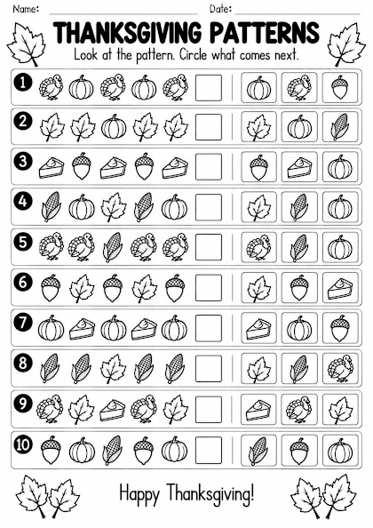 Thanksgiving Pattern Completion Worksheet