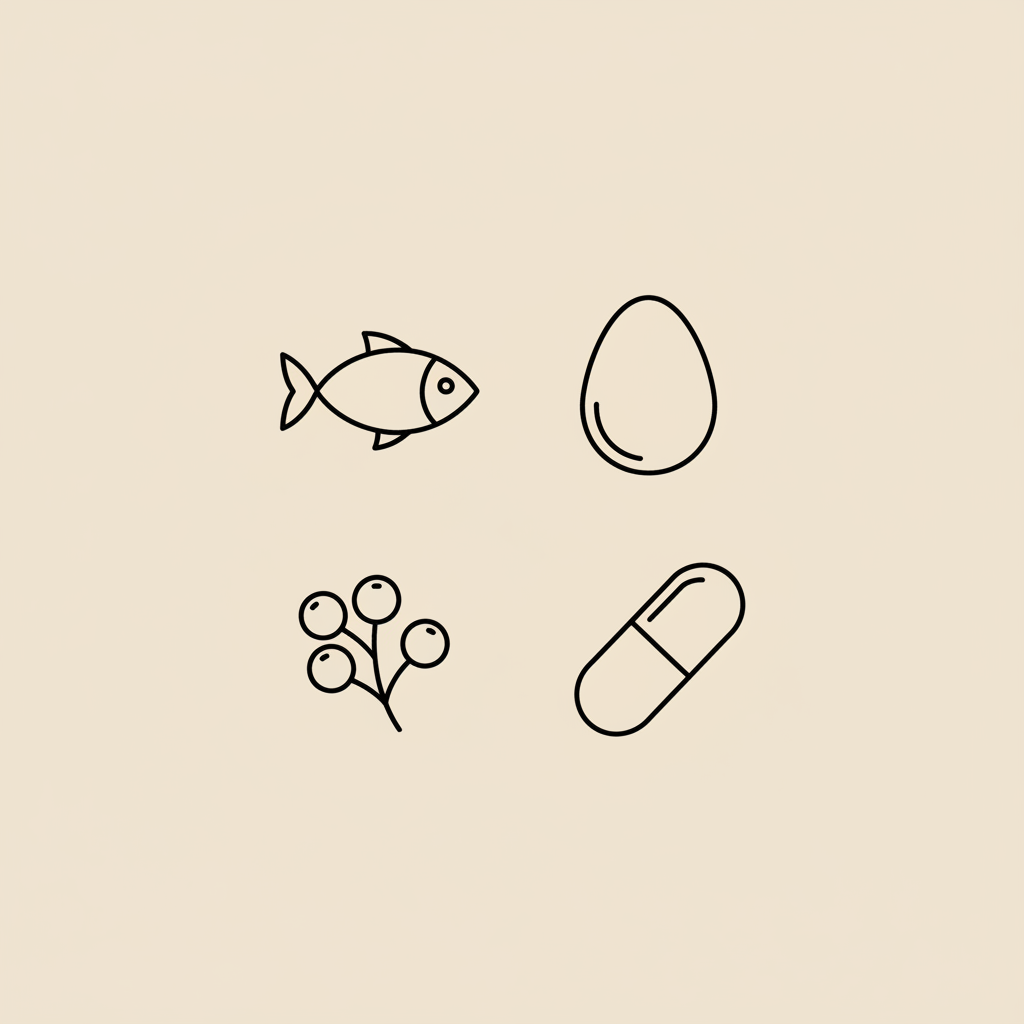 Minimal Tonum-style line illustration of a fish, berry cluster, egg and capsule arranged in a circular motif on beige background — how to increase brain power