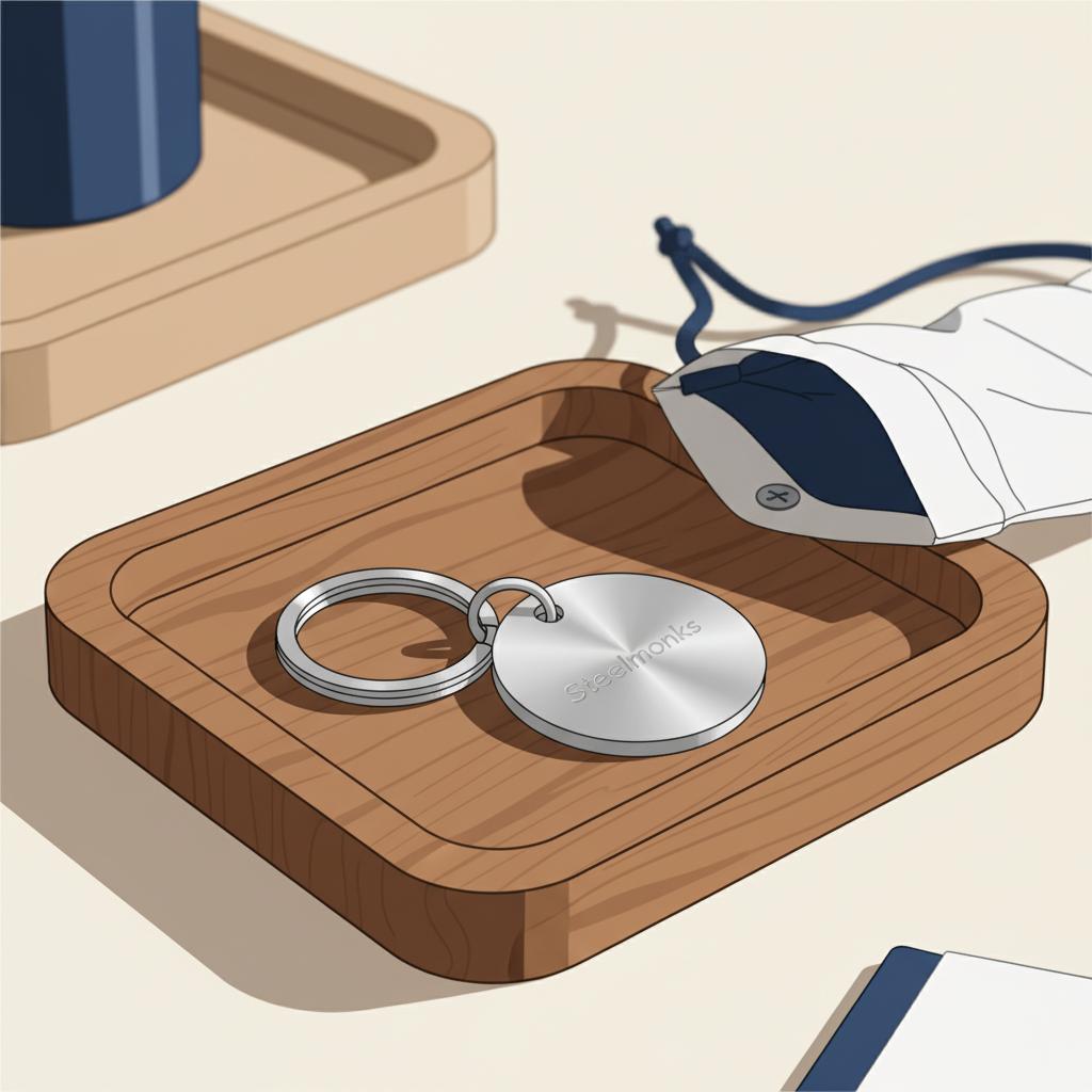 Vektor-Nahaufnahme eines personalisierten Metall-Schlüsselanhängers auf Holztablett mit warmem Licht und industriellen Metalldetails, angedeutetes Wichteln ohne Personen.