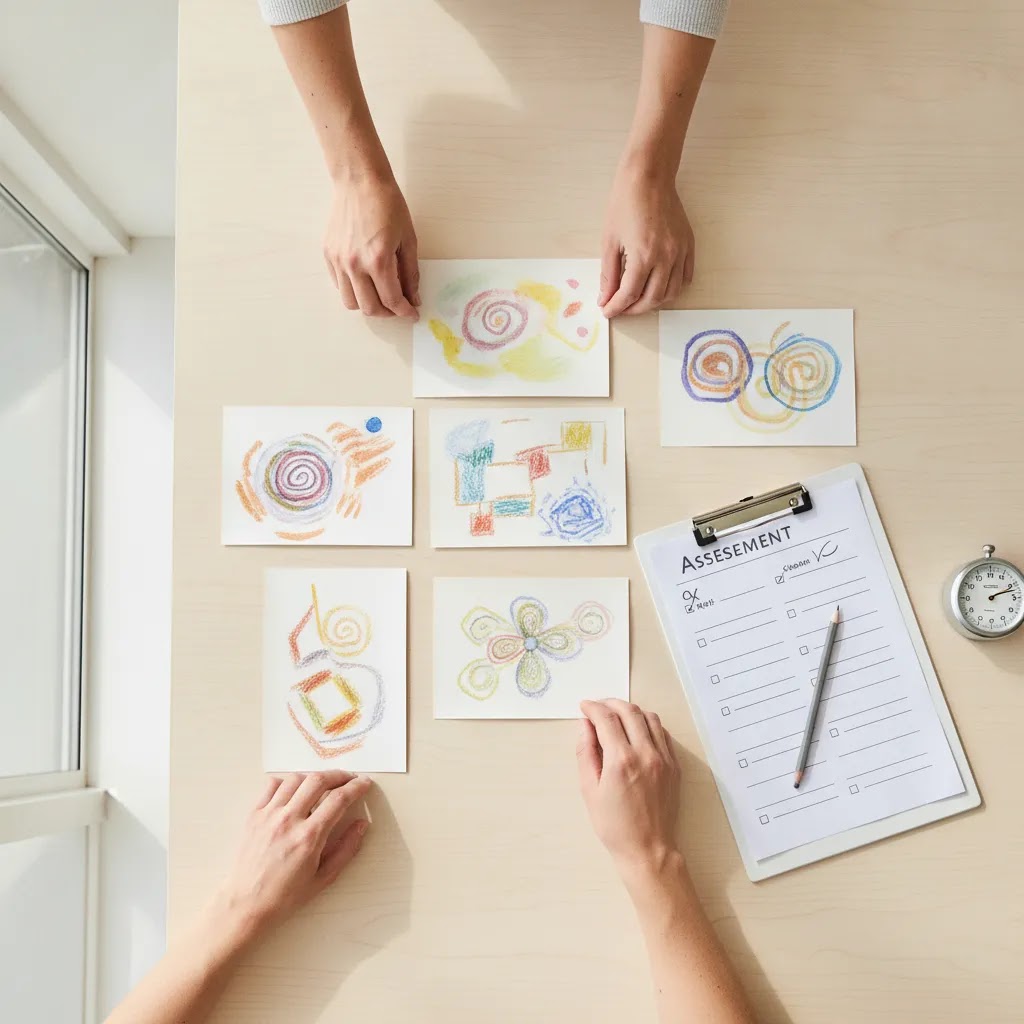 Abstract drawings and generic assessment materials in a calm study setting