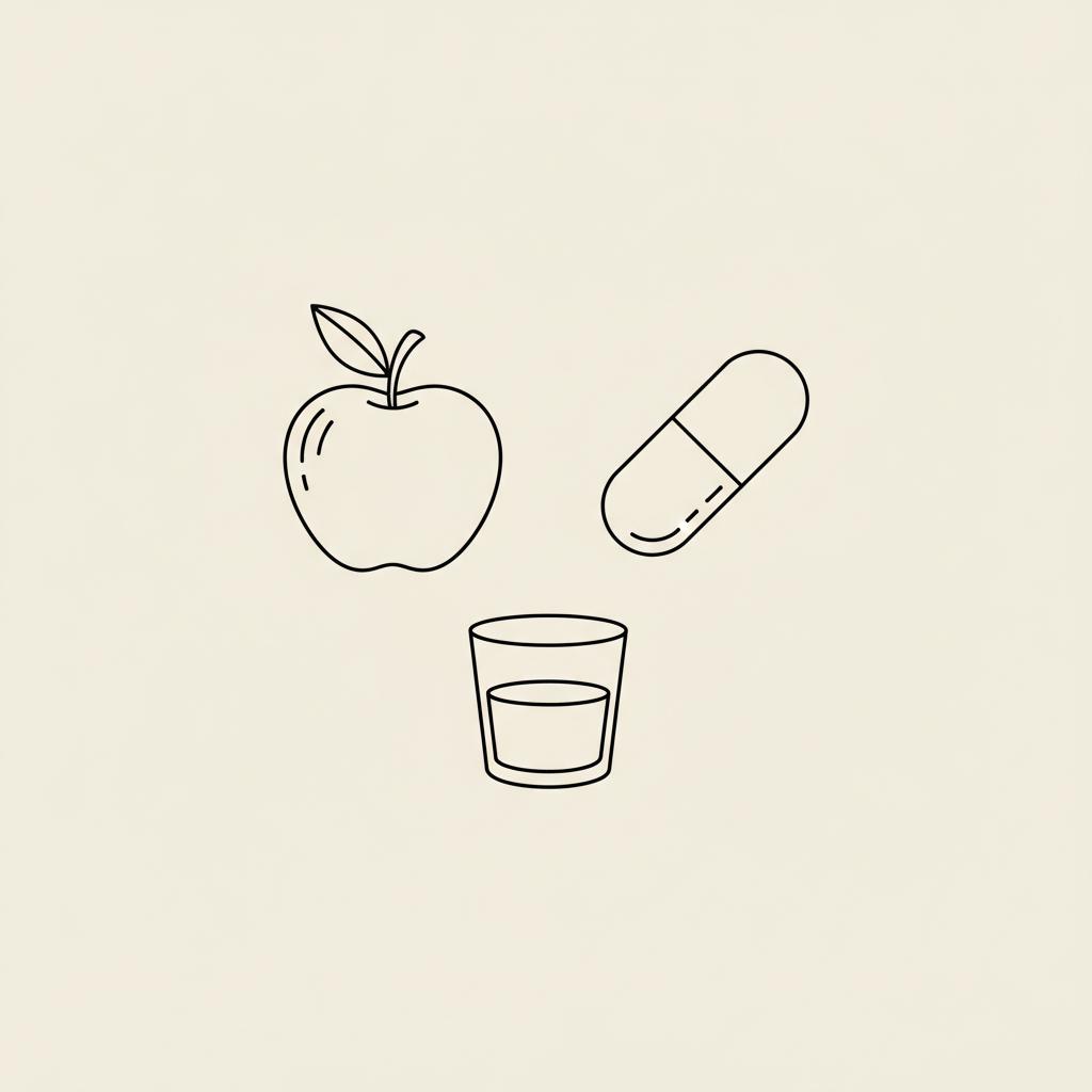 Minimalist Tonum-style line illustration of an apple, a capsule, and a water glass on beige background representing apple cider vinegar supplements and hydration.