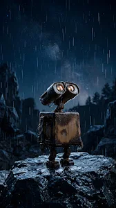 Cinematic 3D Render of a Small Rusty Robot Standing in a Rainy Night