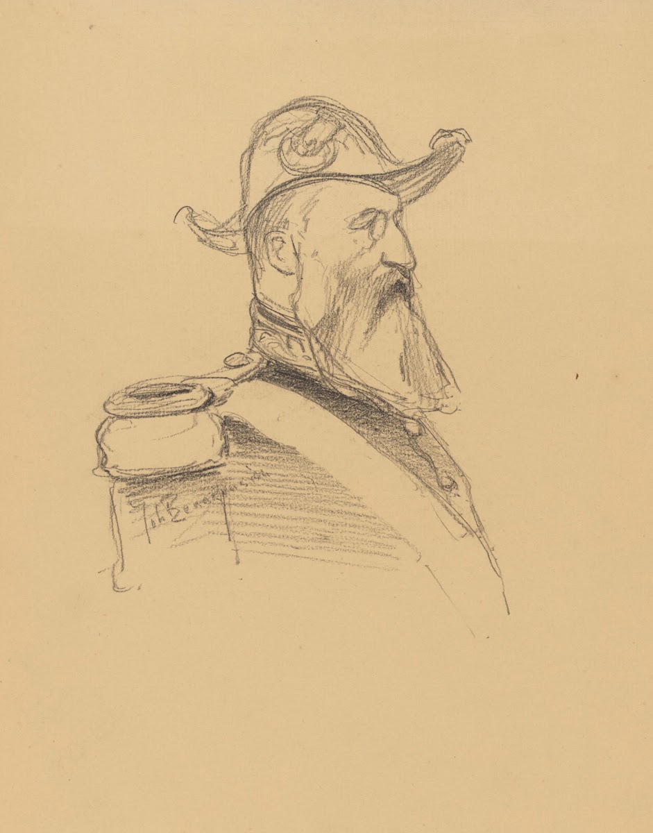 Portrait de Léopold II roi des Belges de 3 4 face avec bicorne et binocle 1895