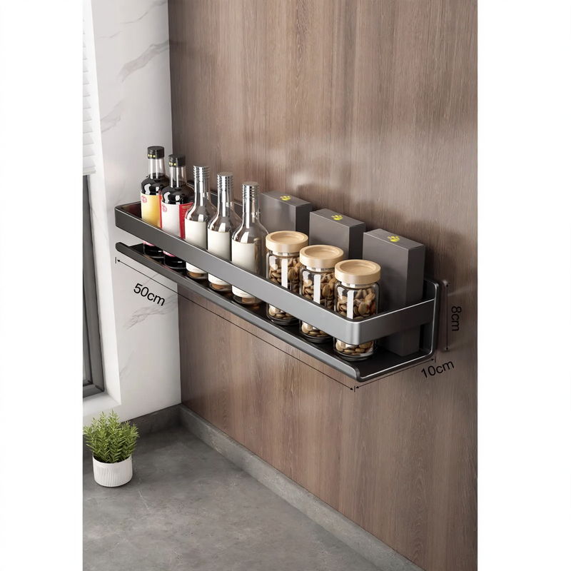 Wall-mounted kitchen shelf made of steel, no drilling required