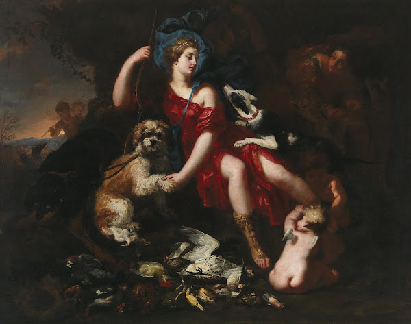 Diana resting with her hunting dogs and putti